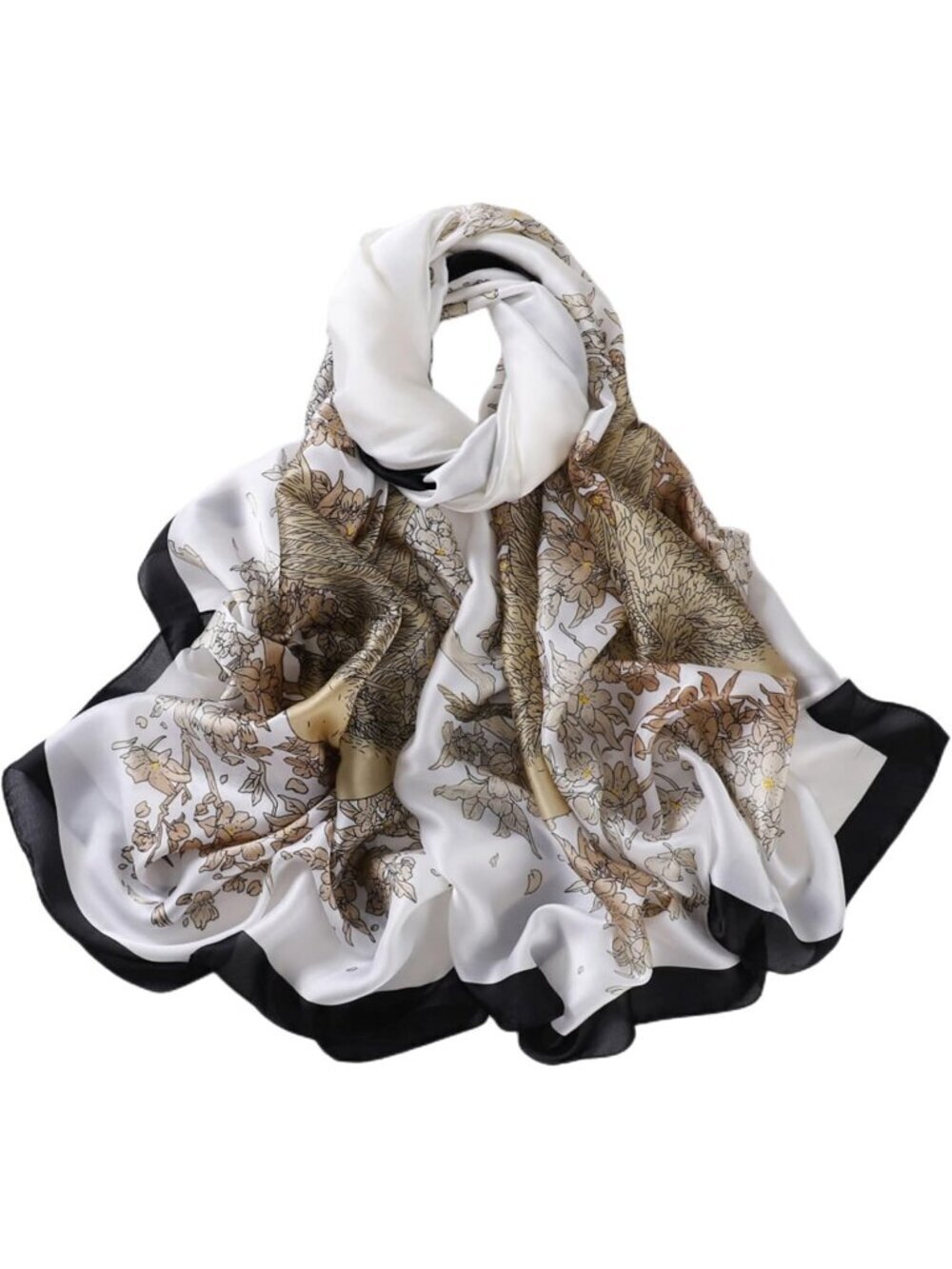 Women's White Black Light Silk Like Scarves Flower Print Head Cotton Wrap Scarf